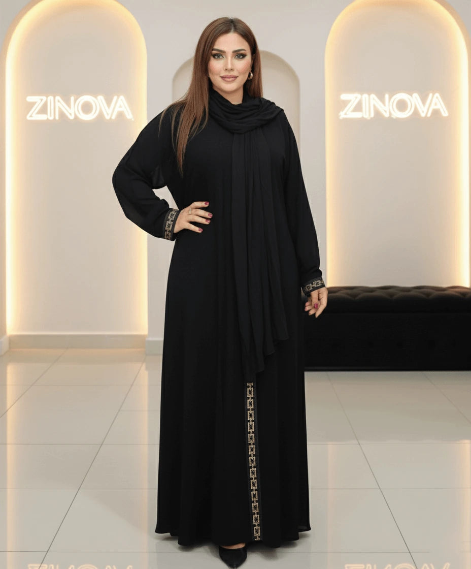 ✨ ZiNova – Black &amp; Gold Luxe Abaya with Matching Scarf