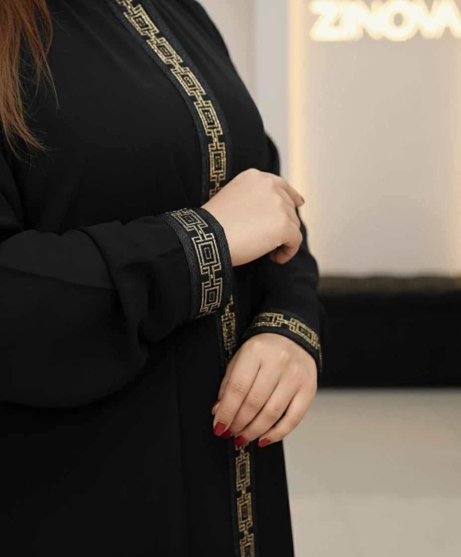 ✨ ZiNova – Black &amp; Gold Luxe Abaya with Matching Scarf