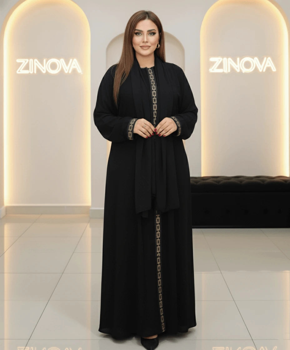 ✨ ZiNova – Black &amp; Gold Luxe Abaya with Matching Scarf