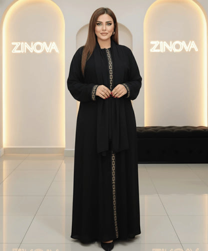 ✨ ZiNova – Black &amp; Gold Luxe Abaya with Matching Scarf
