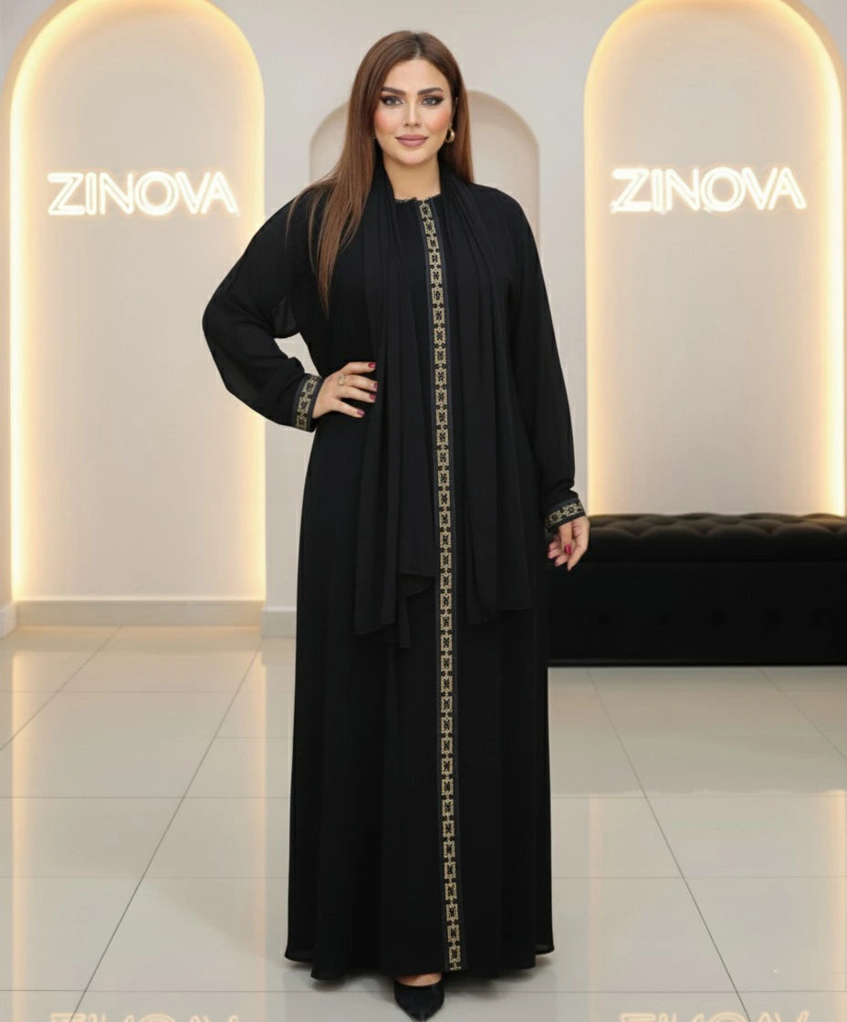 ✨ ZiNova – Black &amp; Gold Luxe Abaya with Matching Scarf