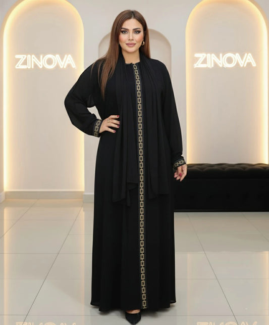 ✨ZiNova – Abaya Luxe Noir & Or + Chal
